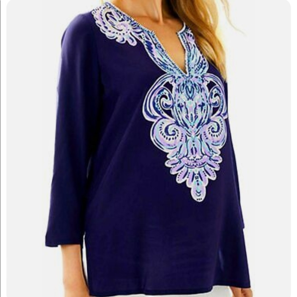 Lilly Pulitzer Silk Bright Navy Pineapple Dinner Renato Tunic